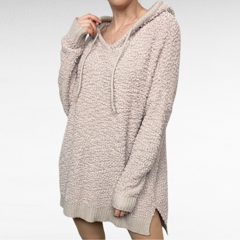 JODIFL | Creamy Blush Pink Drawstring Hood Textured Popcorn Knit Tunic Sweater